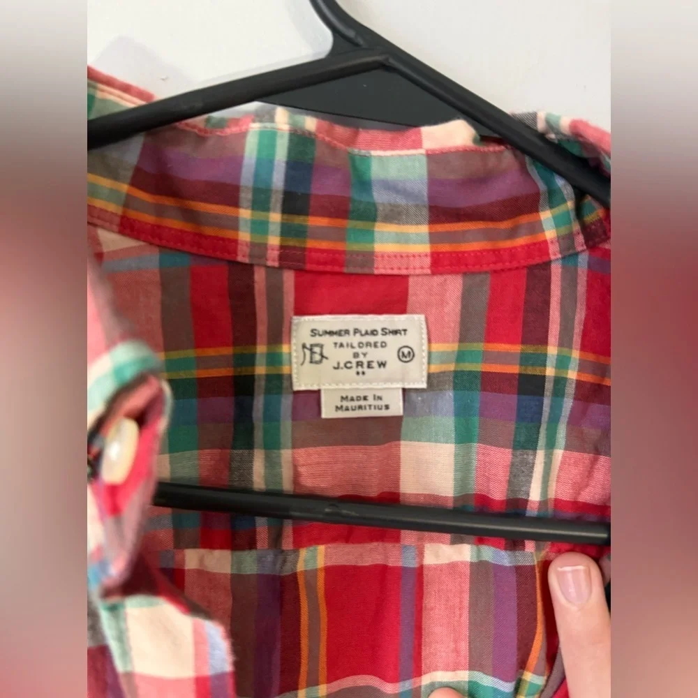 J. Crew Summer Plaid Cotton Button Down Shirt Casual Red Green Size M
